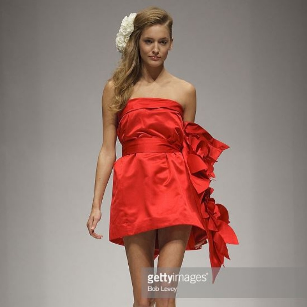 Strapless Red Satin Midi Dress with Side Ruffle